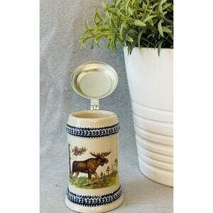 Vintage German Beer Stein Mug w/ Lid Painted Moose Forrest Scene